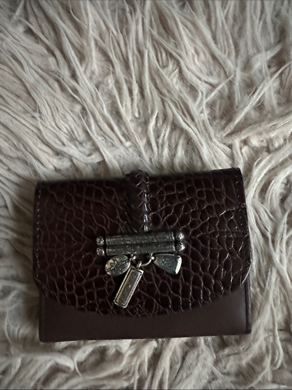 Brighton Dark Brown Croc-Embossed Leather Wallet with Silver Charm Bar